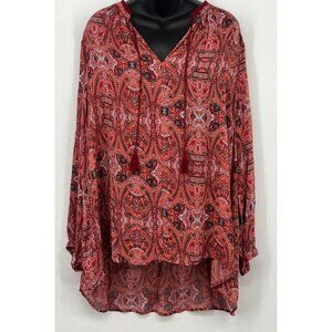 Lucky Brand Women Plus Size 2X Red Paisley Tunic Top Blouse Tassel Ties Boho New